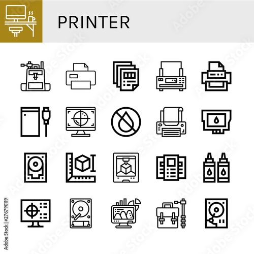 Set of printer icons such as Office, Camera bag, Printer, Printing, Hard drive, Cmyk, Ink, Ink cartridge, d printer, d printing, Brochure, Hard disk ,