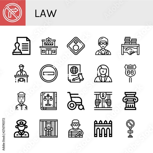 Set of law icons such as No turn right, Stamp, Police station, Stop sign, Lawyer, Corruption, Eyewitness, No entry, Justice, Road sign, Security guard, Law book, Wheelchair , law