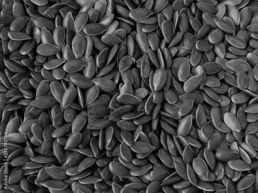 Monochrome Close-up of Flaxseeds, Black And White Food Background In Oil Painting Style Monochrome Close-up of Flaxseeds, Black And White Food Background In Oil Painting Style