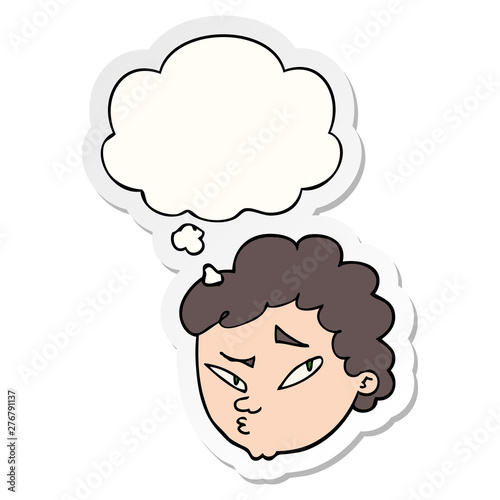 cartoon suspicious man and thought bubble as a printed sticker