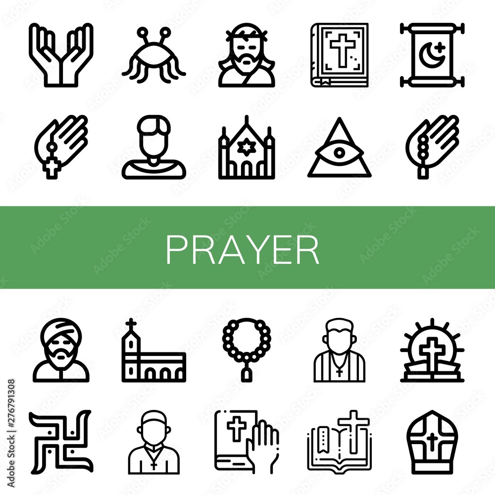 Set of prayer icons such as Prayer, Pastafarianism, Priest, Jesus, Synagogue, Bible, God, Islam, Bead, Muslim, Swastika, Monastery, Pastor, Pope , prayer Set of prayer icons such as Prayer, Pastafarianism, Priest, Jesus, Synagogue, Bible, God, Islam, Bead, Muslim, Swastika, Monastery, Pastor, Pope , prayer