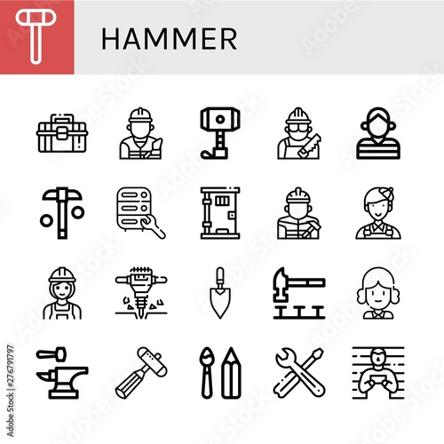 Set of hammer icons such as Reflex hammer, Toolbox, Builder, Hammer, Carpenter, Prisoner, Mining, Maintenance, Prison, Painter, Jackhammer, Trowel, Judge, Anvil, Neurology reflex ,