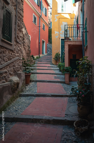 Tellaro, La Spezia, Italy. View of the small town. Pedestrian alley (