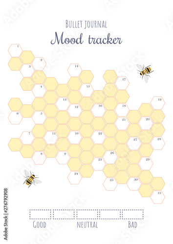 Printable mood tracker with colored and numbered honeycombs. Bullet journal ready to print vector illustration for 31 day of a month. B series paper aspect ratio. Also applicable for A paper series.