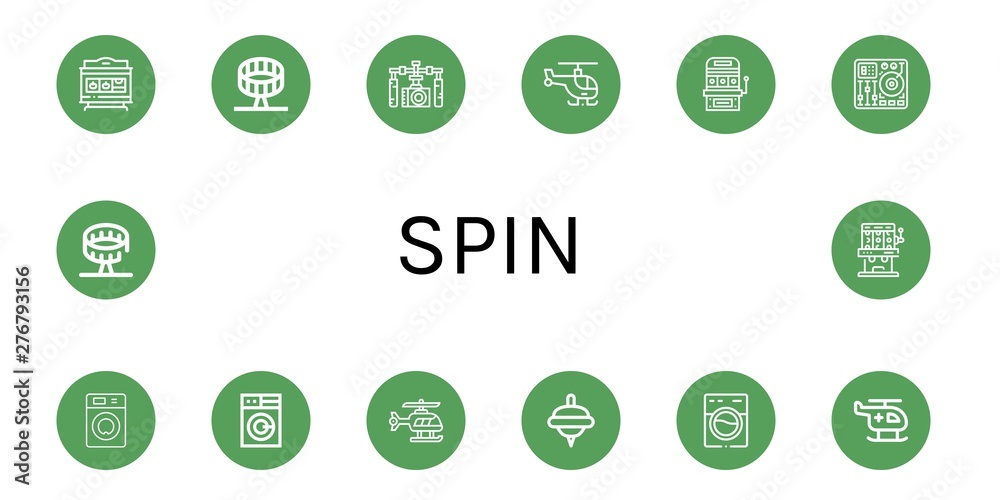 Set of spin icons such as Slot machine, Round up ride, Gimbal, Helicopter, Mixing table, Washing machine, Spinning top , spin Set of spin icons such as Slot machine, Round up ride, Gimbal, Helicopter, Mixing table, Washing machine, Spinning top , spin