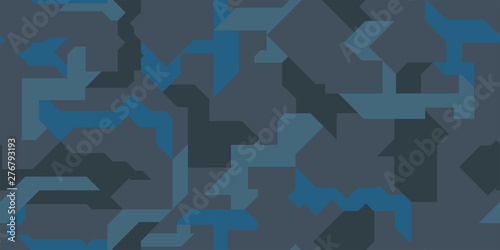 Abstract geometric camouflage seamless pattern background with blue marine tones texture.