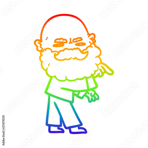 rainbow gradient line drawing cartoon man with beard frowning and pointing