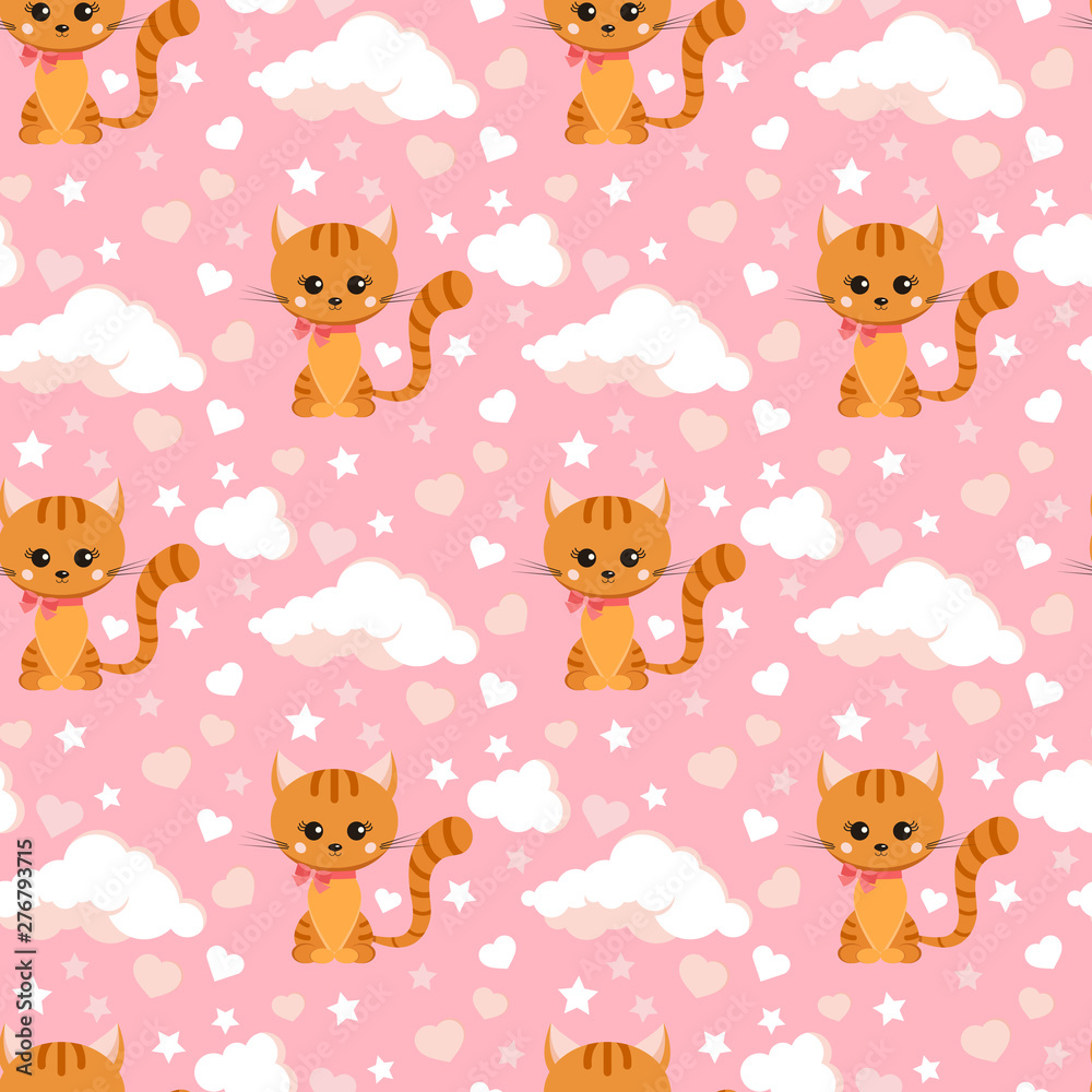 Seamless pattern with smiling little ginger striped cat with pink bow on its neck.