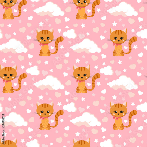 Seamless pattern with smiling little ginger striped cat with pink bow on its neck.