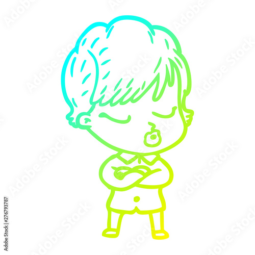 cold gradient line drawing cartoon woman with eyes shut