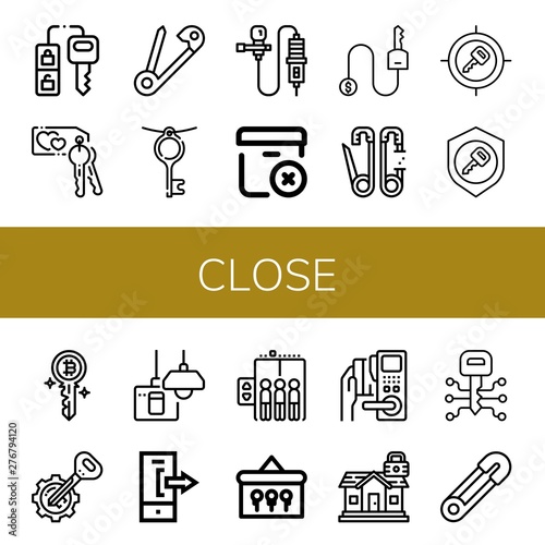 Set of close icons such as Car key, Key, Safety pin, Lavalier, Delete package, Turn off, Logout, Elevator, Keys, Padlock , close