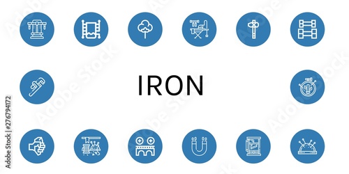 Set of iron icons such as Bench press, Heated towel rail, Textile, Ironing board, Axe, Weightlifting, Sewing, Bridge, Magnet, Guillotine, Pin cushion, Pipe wrench, Embroidery , iron