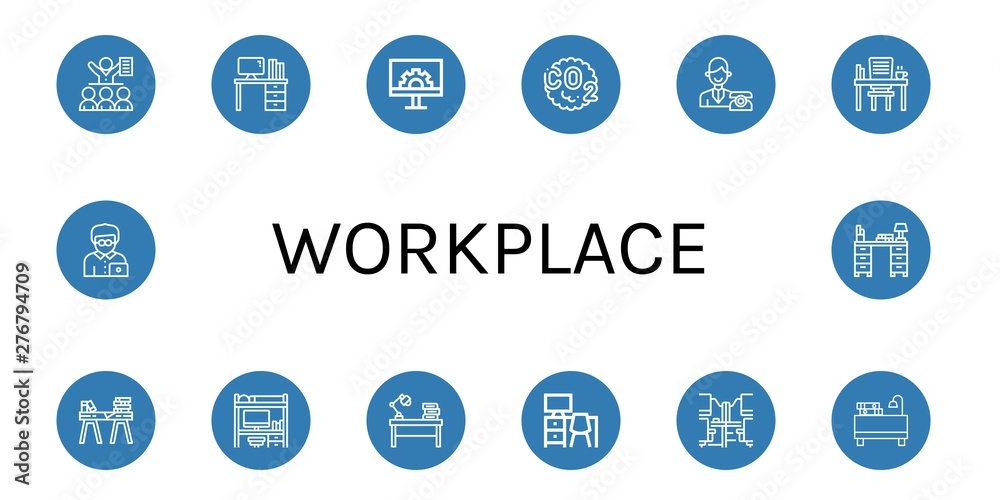 Set of workplace icons such as Meeting, Desk, Engeneering, Co, Reception, Office desk, Office worker , workplace Set of workplace icons such as Meeting, Desk, Engeneering, Co, Reception, Office desk, Office worker , workplace