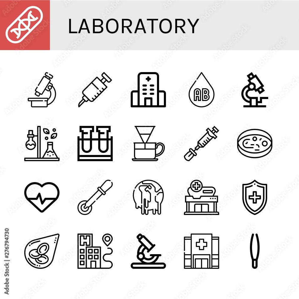 Fototapeta premium Set of laboratory icons such as Genes, Microscope, Vaccine, Hospital, Blood type, Test tube, Dripper, Sample, Cardiology, Pipette, Climate change, Medical, Blood cells , laboratory
