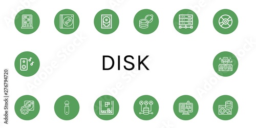 Set of disk icons such as Server, Dvd, Hard drive, Global server, Compact disc, Hard disk, Usb, Tetris, Music, DJ , disk