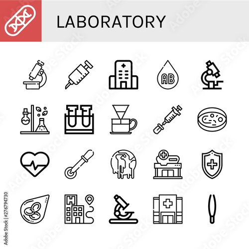 Set of laboratory icons such as Genes, Microscope, Vaccine, Hospital, Blood type, Test tube, Dripper, Sample, Cardiology, Pipette, Climate change, Medical, Blood cells , laboratory