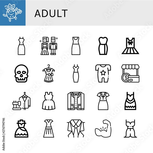 Set of adult icons such as Drunk, Dress, Prom night, Anthropology, Body, Shopper, Suit, Muscle , adult