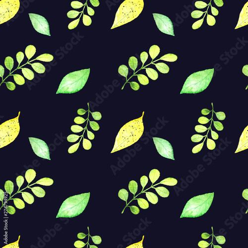 Seamless watercolor pattern with bright green leaves on a black background. Illustration for fabrics, posters, postcards, packaging paper, clothing 