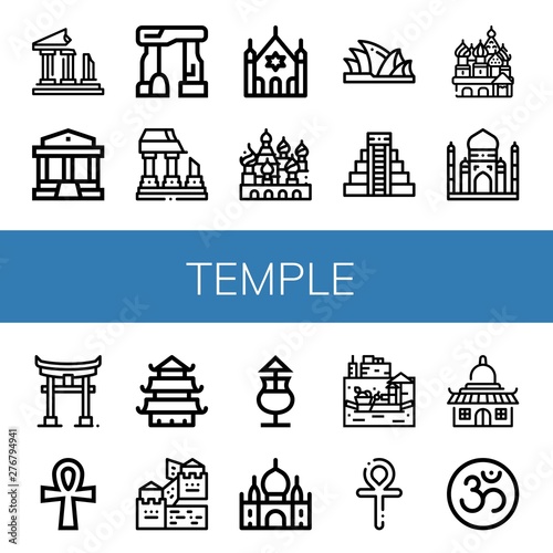 Set of temple icons such as Ruins, Parthenon, Dolmen, Ruined, Synagogue, Cathedral of saint basil, Sydney opera house, Mayan pyramid, Taj mahal, Torii, Ankh, Temple, Great wall of china , temple
