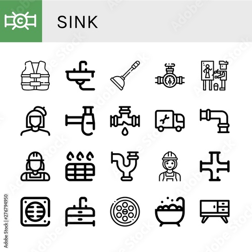 Set of sink icons such as Pipe, Life vest, Sink, Plunger, Painter, Siphon, Leak, Plumber, Drain, Builder, Drainage, Jacuzzi, Furniture , sink