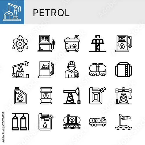 Set of petrol icons such as Oil well, Atomic energy, Fuel, Electric generator, Drop tower, Pumpjack, Fuel station, Gas station attendant, Tank, Storage tank, Oil, Oil barrel , petrol