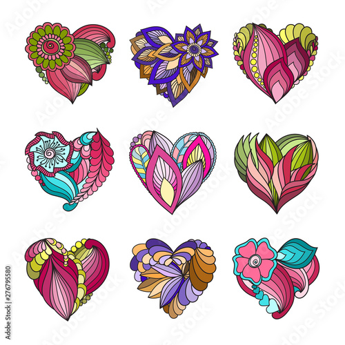 Set of  doodle  hearts with flowers and plants for Valentine's Day or weddings