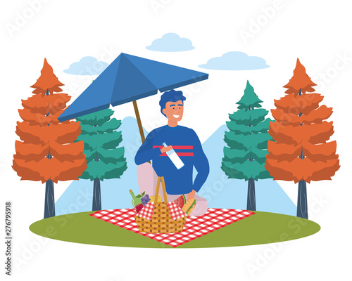 Man cartoon having picnic design