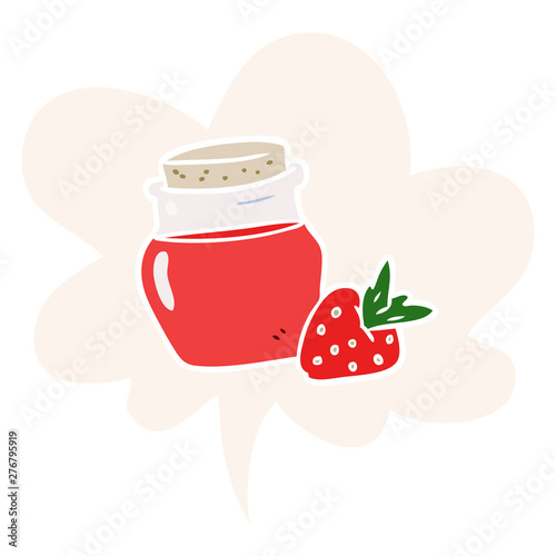 cartoon jar of strawberry jam and speech bubble in retro style