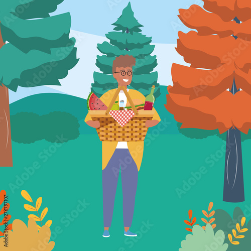 Man cartoon having picnic design