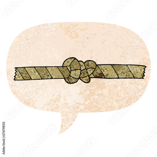 cartoon knotted rope and speech bubble in retro textured style