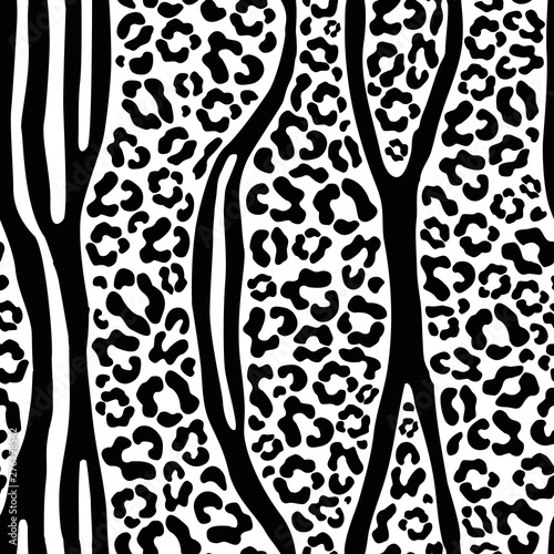 Seamless animalistic black and white print, mix of spots of leopard skins and zebra stripes. The skin of the fantastic beast zebrapard.