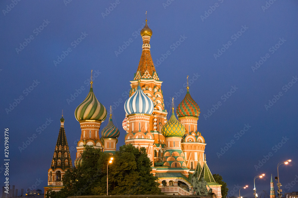 MOSCOW, RUSSIA - June 27, 2019: View of St. Basil's Cathedral on Red Square in Moscow.  The building is officially known as the Cathedral of the Intercession of the Most Holy Theotokos on the Moat. 