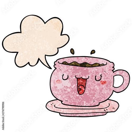 cute cartoon cup and saucer and speech bubble in retro texture style