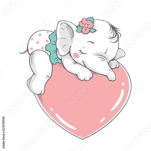 Vector illustration of a cute baby girl elephant, sleeping on a big pink heart.