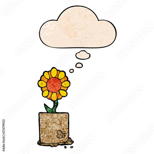 cartoon flower and thought bubble in grunge texture pattern style
