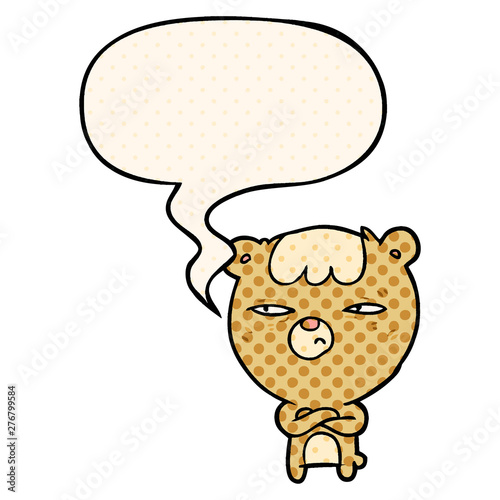 cartoon annoyed bear and arms crossed and speech bubble in comic book style