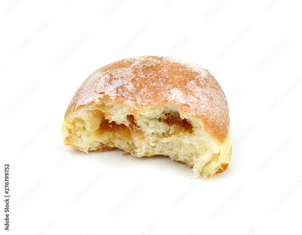 German doughnut berliner with icing sugar isolated on white. Donuts(Sufganiyah) isolated on white background one fresh baked with powered sugar. fresh dough-nut with jam. Serbian krofna German doughnut berliner with icing sugar isolated on white. Donuts(Sufganiyah) isolated on white background one fresh baked with powered sugar. fresh dough-nut with jam. Serbian krofna