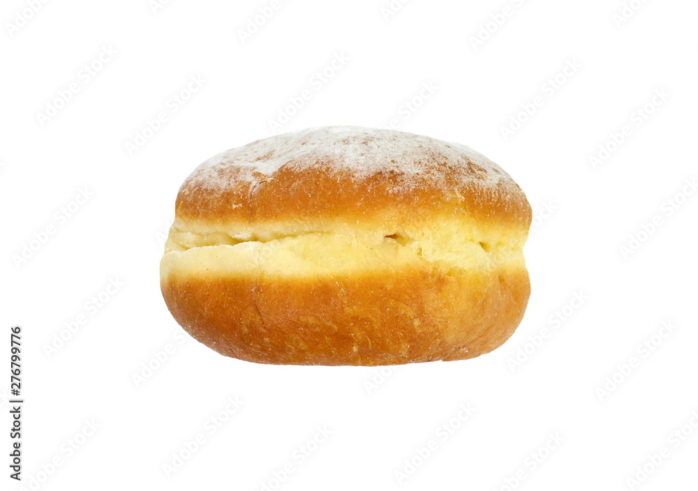German doughnut berliner with icing sugar isolated on white. Donuts(Sufganiyah) isolated on white background one fresh baked with powered sugar. fresh dough-nut with jam. Serbian krofna German doughnut berliner with icing sugar isolated on white. Donuts(Sufganiyah) isolated on white background one fresh baked with powered sugar. fresh dough-nut with jam. Serbian krofna