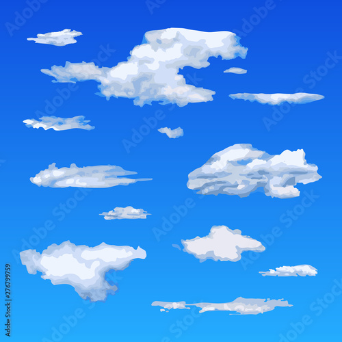Fluffy realistic clouds set on the blue background.
