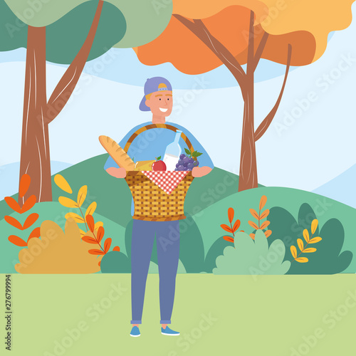 Man cartoon having picnic design