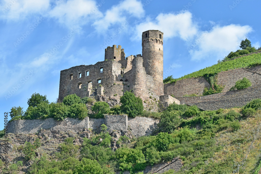 Ruins of a castle on a hill overlooking the Rhine River, Germany