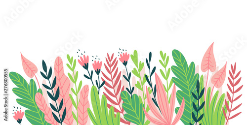 Horizontal design element for card, invitation or flyer. Natural frame. Vector illustration with flowers and tropical leaves.