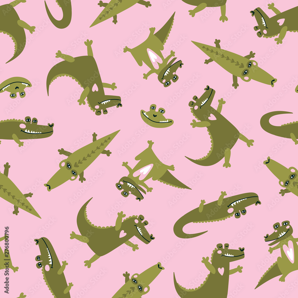 Summer seamless pattern with  cute crocodiles. Zoo repeated background. Vector bright print for baby fabric or wallpaper.