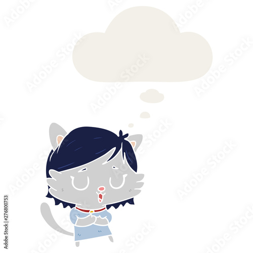 cartoon cat girl and thought bubble in retro style