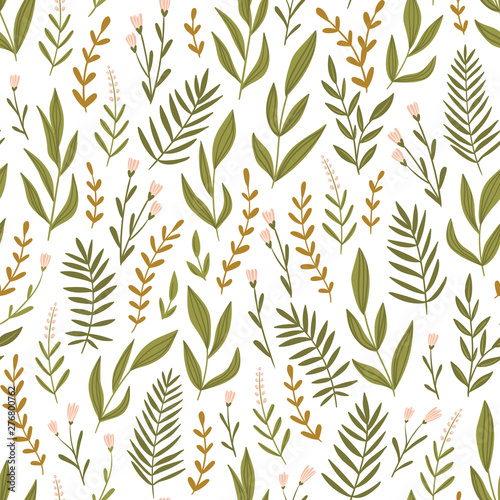 Fototapeta Naklejka Na Ścianę i Meble -  Light green seamless pattern with  herbs and flowers. Bedding floral background. Fabric design. Vector illustration.