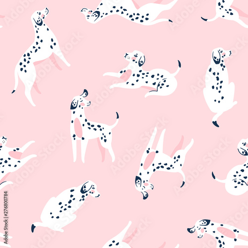 Cute funny white spotted dogs on the pink background. Dalmatian fabric design. Vector print with dogs.