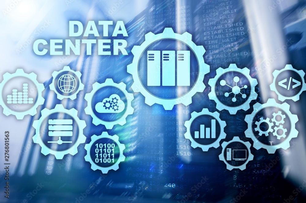 Data Center of the Future on a virtual screen. Business information technology concept. Storing data and securing business continuity Data Center of the Future on a virtual screen. Business information technology concept. Storing data and securing business continuity