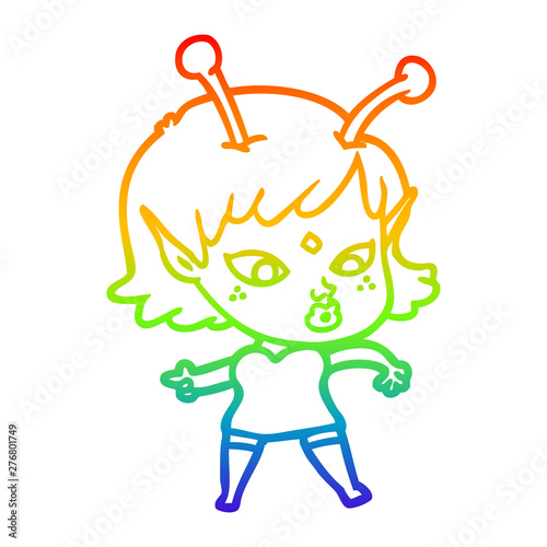 rainbow gradient line drawing pretty cartoon alien girl