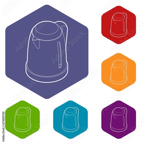 Electric kettle icons vector colorful hexahedron set collection isolated on white