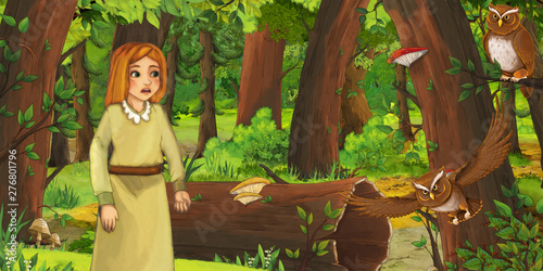 cartoon scene with happy young girl child in the forest encountering pair of owls flying - illustration for children